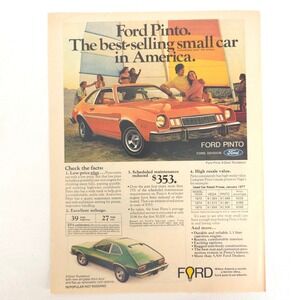 1977 Ford Pinto 3‑Door Runabout Vintage Magazine Print Ad Beach Scene Stat Sheet
